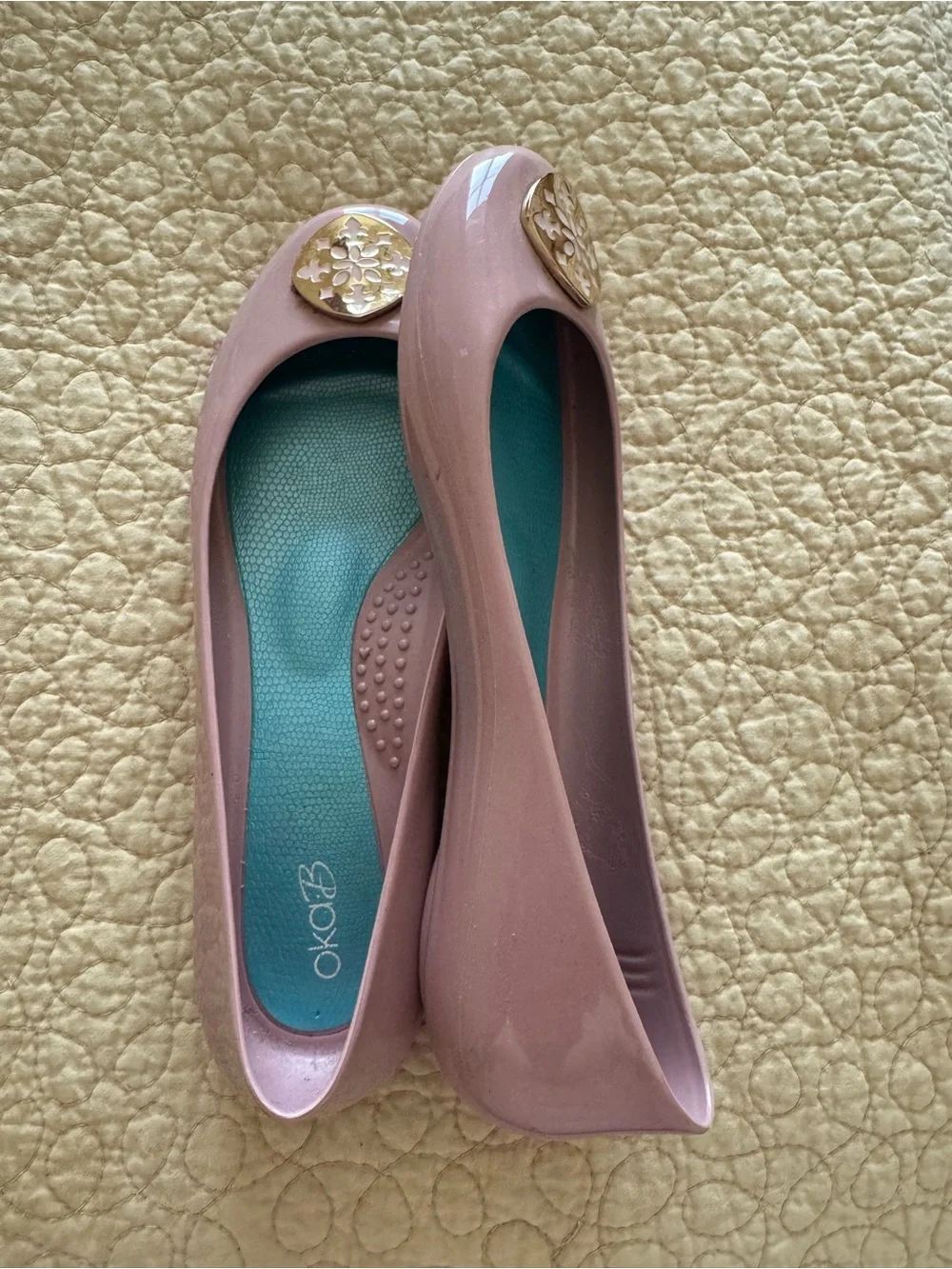 OKA b. Pink Patent Ballet Flats with Gold Medallions
